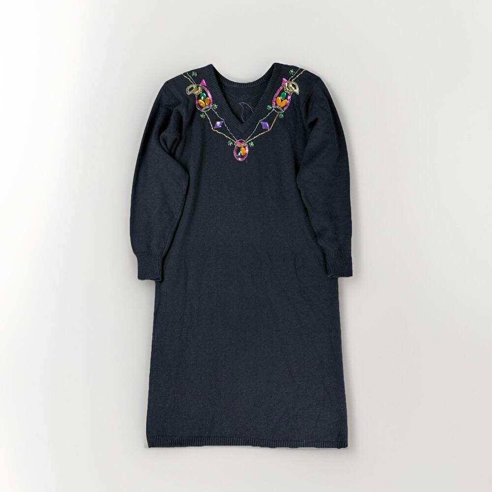 VTG 80s Plain Jane Rhinestone Gem Sweater Dress L Black Office Siren‎ Mardi Gras